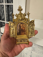 Vintage Jesus Traveling-Table Triptych Religious Metal Relive Mini Altar-Frame
