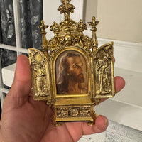 Vintage Jesus Traveling-Table Triptych Religious Metal Relive Mini Altar-Frame