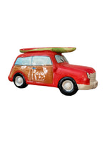 Ceramic Beachcombers Red Woody Station Wagon with Surfboard Coin Bank
