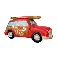 Ceramic Beachcombers Red Woody Station Wagon with Surfboard Coin Bank