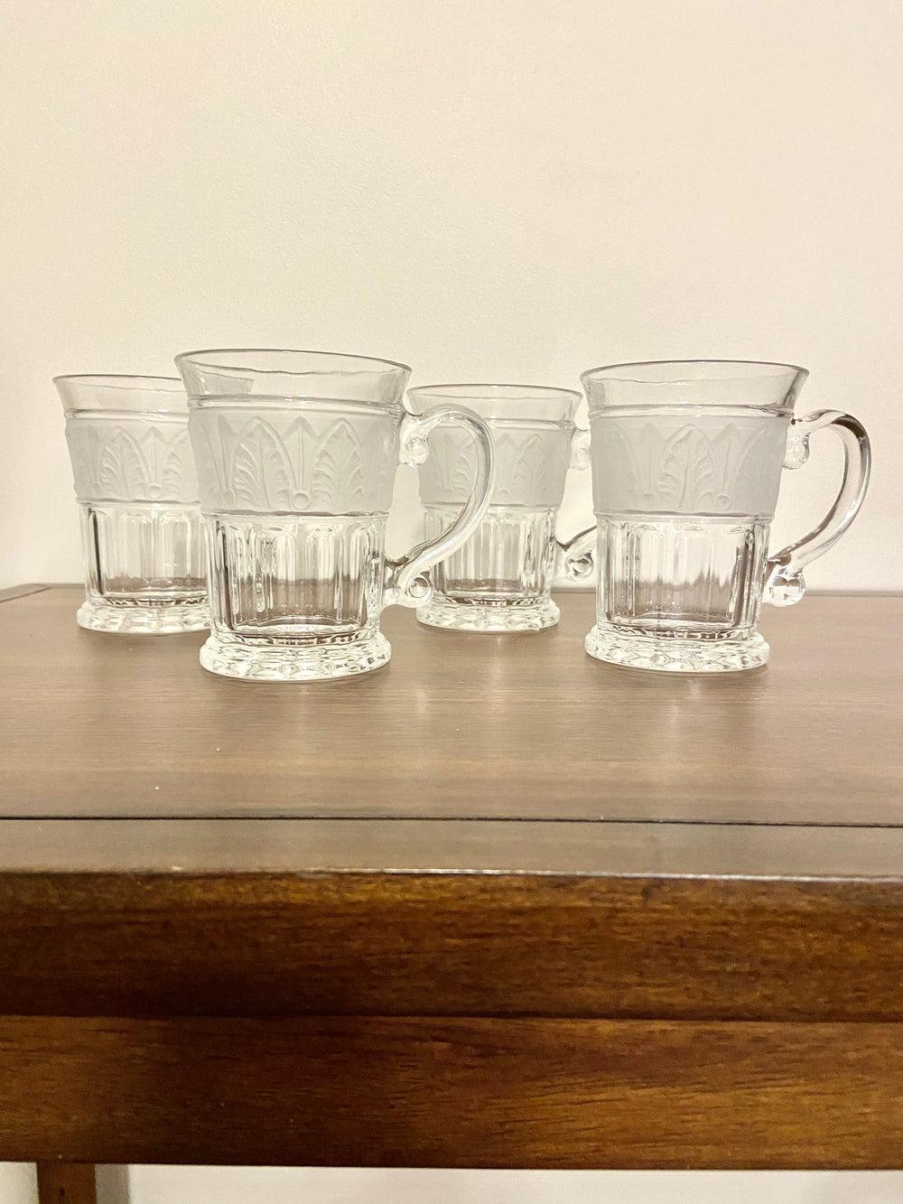 Vintage Athens Glass Crystal Mug-Cup Frosted Band Acanthus Leaf Patterns Set 4