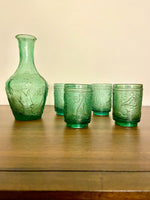 Vintage Greek Patterns Green Glass Liquor Decanter 5 Set
