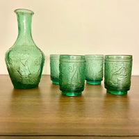 Vintage Greek Patterns Green Glass Liquor Decanter 5 Set