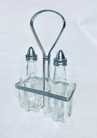 Vintage Set 2 Glass Oil-Vinegar Salad Cruets Metal Caddy
