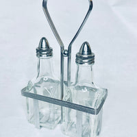 Vintage Set 2 Glass Oil-Vinegar Salad Cruets Metal Caddy