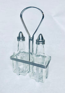 Vintage Set 2 Glass Oil-Vinegar Salad Cruets Metal Caddy