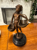 Sculpture Figurine Girl Carrying Two Baskets Bronze  with Marble Base
