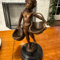 Sculpture Figurine Girl Carrying Two Baskets Bronze  with Marble Base