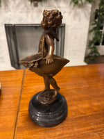 Sculpture Figurine Girl Carrying Two Baskets Bronze  with Marble Base
