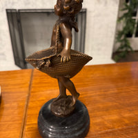 Sculpture Figurine Girl Carrying Two Baskets Bronze  with Marble Base