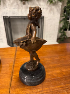 Sculpture Figurine Girl Carrying Two Baskets Bronze  with Marble Base