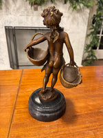 Sculpture Figurine Girl Carrying Two Baskets Bronze  with Marble Base
