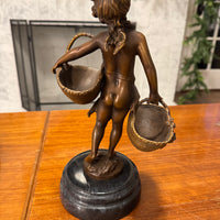 Sculpture Figurine Girl Carrying Two Baskets Bronze  with Marble Base