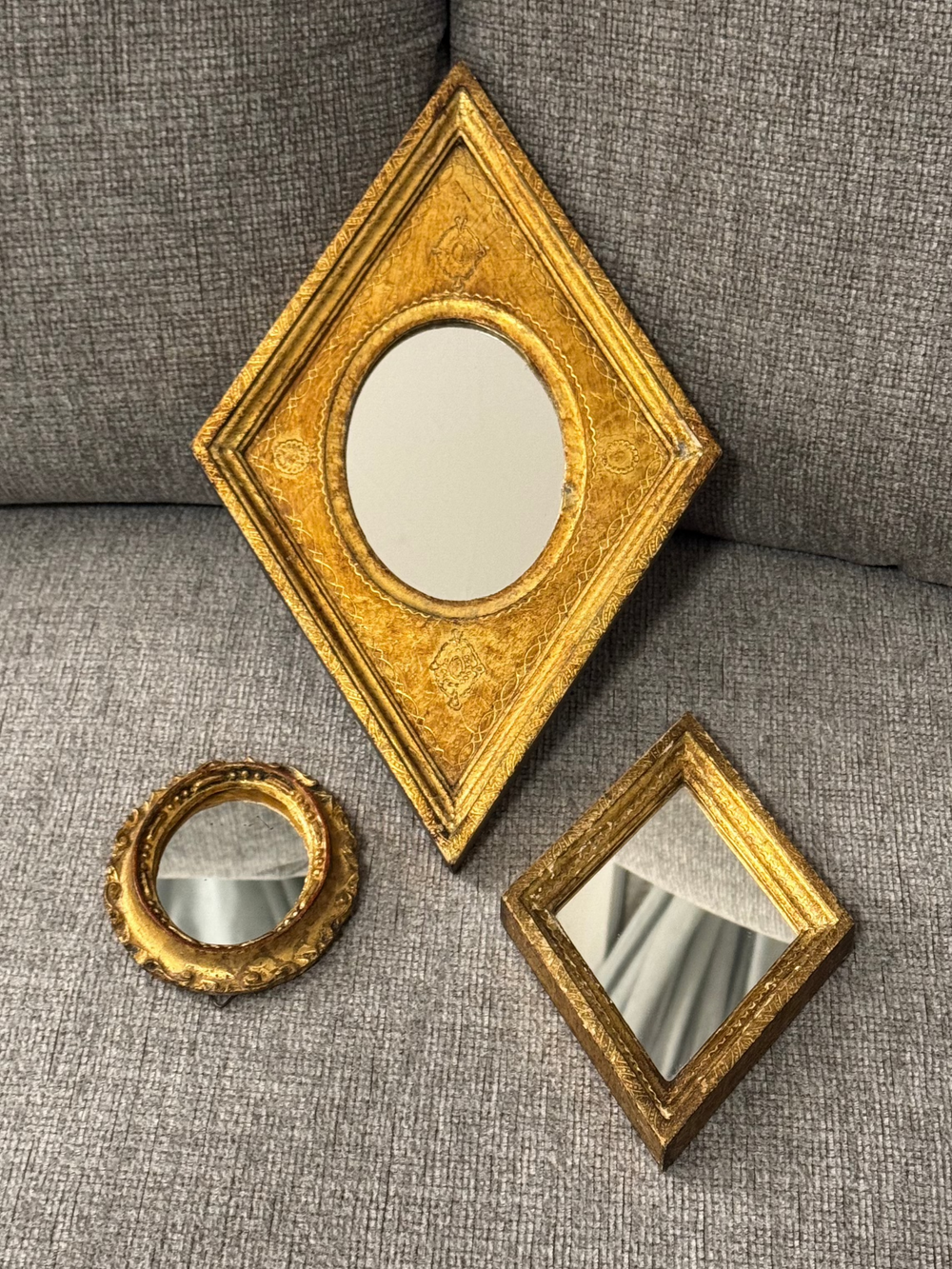 Vintage Florentia Hand-Made In Italy Diamond-Oval Shape Gold-Gilt Mirror Set 3