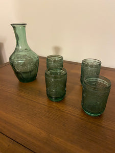 Vintage Greek Patterns Green Glass Liquor Decanter 5 Set