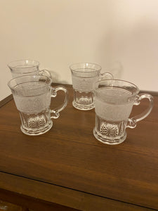 Vintage Athens Glass Crystal Mug-Cup Frosted Band Acanthus Leaf Patterns Set 4